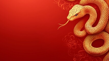 Happy Chinese new year banner with wooden snake on red background. Vector illustration for posters, flyers, greeting cards, banner, invitation, copy space for text