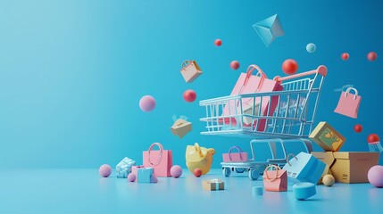 Online shopping illustration with copy space on blue background