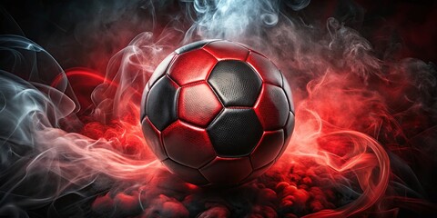 Fototapeta premium A leather soccer ball with a black and red design emerges from a swirling cloud of red smoke.
