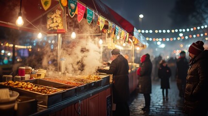 Naklejka premium Nighttime Street Food Market with Rising Steam