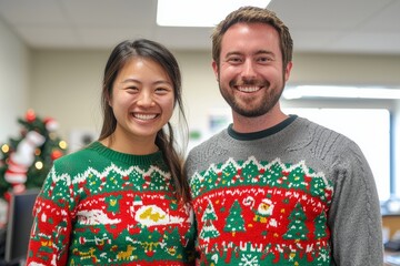The office holds a fun Ugly Sweater Day contest. Employees are eager to show off their silly sweaters and holiday spirit, Generative AI