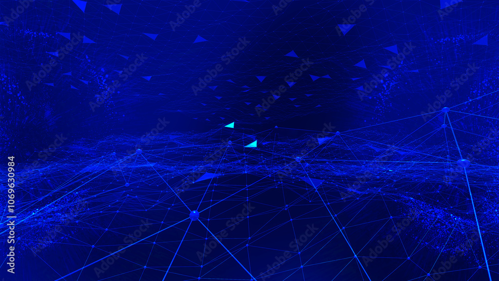Poster abstract geometric background connecting dots as plexus in blue. tech circle and technology backgrou