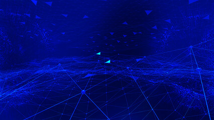 Abstract geometric background connecting dots as plexus in blue. tech circle and technology background. Futuristic interface. Futuristic flowing grid on bokeh lights background