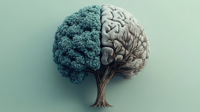 A stylized 3D brain shaped like a tree with one side green and lush representing growth and the other side bare and dry, symbolizing decline.