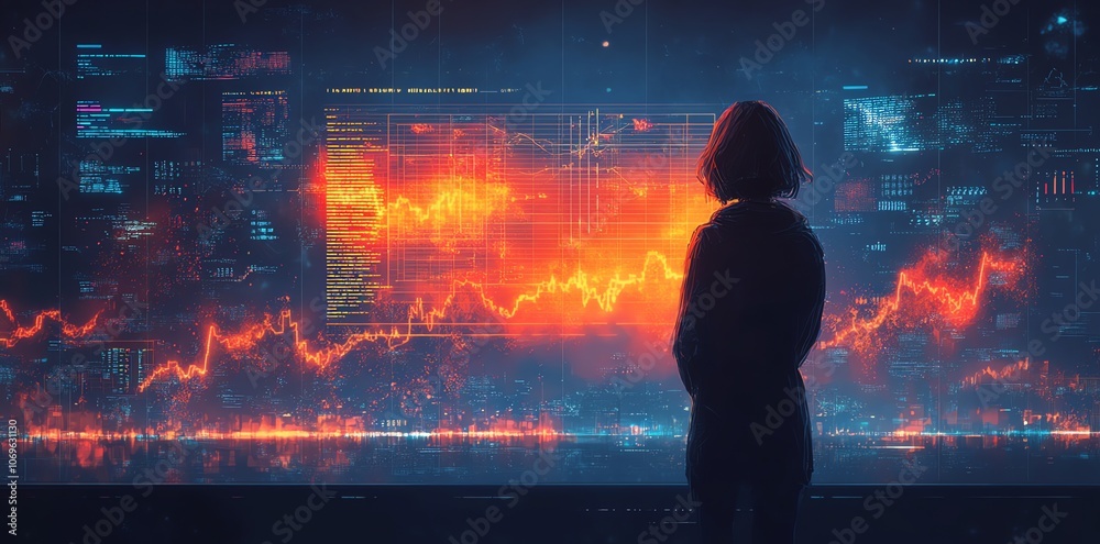 Poster A woman stands in front of a large screen displaying data and financial charts.