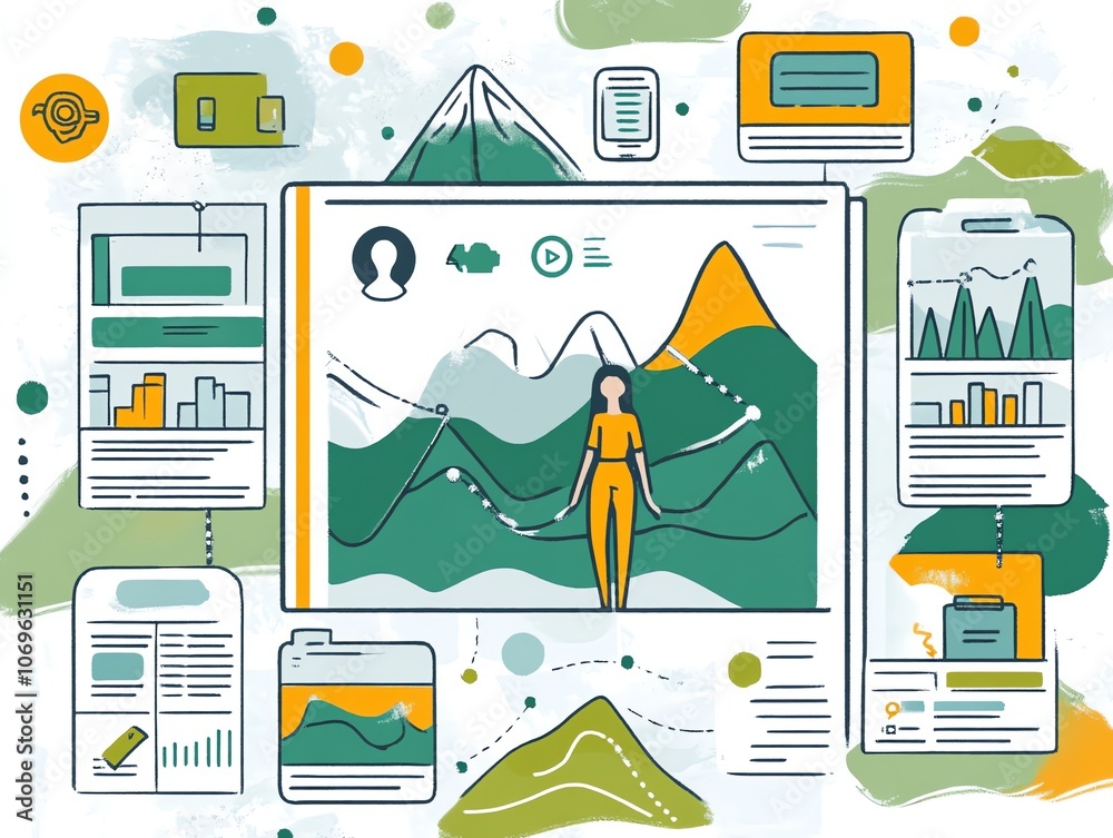 Aufkleber a woman stands in the center of a graph with mountains, surrounded by various digital devices and da