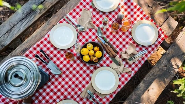 Red and white checkered tablecloth covers a wooden table set for a meal in the great outdoors, complete with lemons and a pot of food