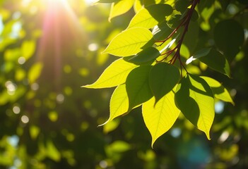 Obraz premium Sunlit leaves cast shadows on the forest floor, a play of light and dark.