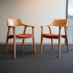 Two stylish wooden chairs with red cushions set against a neutral wall and carpet, ideal for modern interior design.
