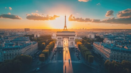A stunning sunset view over Paris, featuring the Eiffel Tower and the Arc de Triomphe.