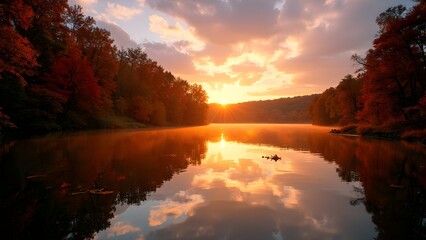 Tranquil Reflection of Autumn Lake and Maple Trees in Sunset Light, Nature's Red and Golden Hues
