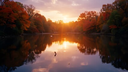 Obraz premium Tranquil Reflection of Autumn Lake and Maple Trees in Sunset Light, Nature's Red and Golden Hues