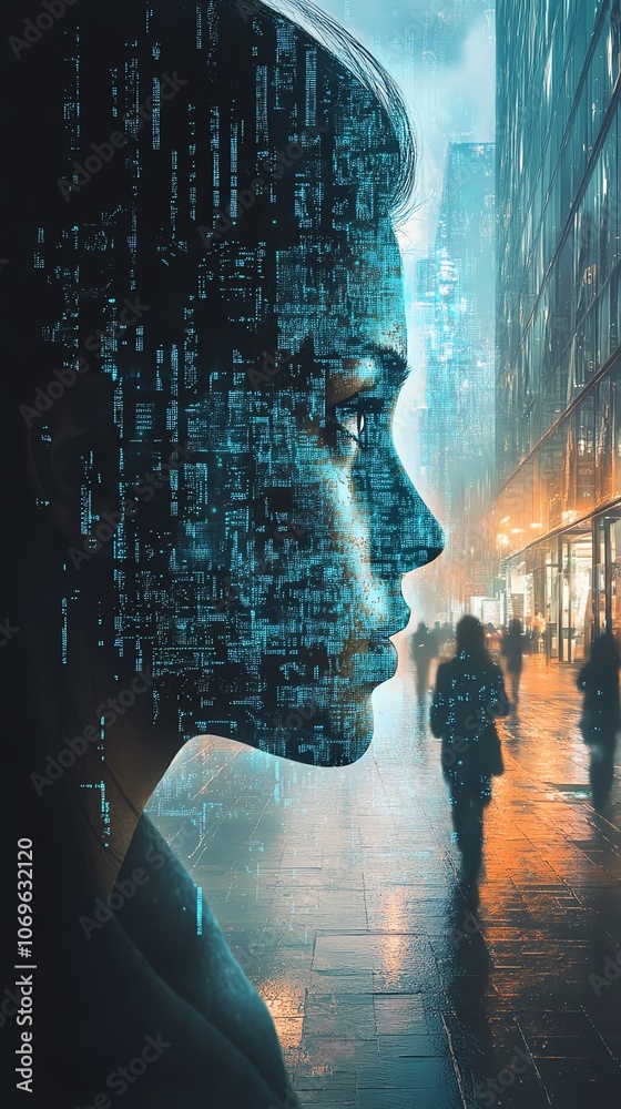 Poster a woman's face is obscured by digital code in a city street, suggesting the blurring lines between r
