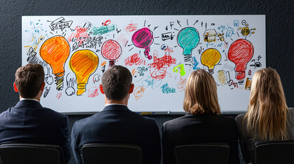 Business team brainstorming ideas in front of colorful virtual whiteboard filled with creative sketches and question marks, showcasing collaboration and innovation