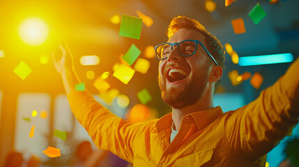 joyful man celebrating with colorful confetti in vibrant atmosphere. His excitement is palpable as he enjoys moment