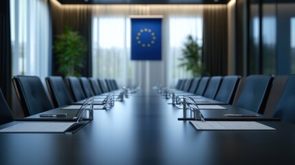 Modern conference room with European Union flag backdrop