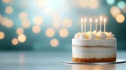 Birthday cake with candles, bright lights bokeh