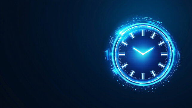 Futuristic clock design with glowing blue elements and digital effects, symbolizing time and progress. Ideal for technology and innovation themes