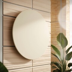 "Wall-mounted circular signboard with a blank surface, perfect for logo placement, against a modern brick wall background."