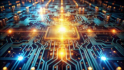 Obraz premium A network of illuminated pathways on a circuit board, symbolizing the interconnectedness of technology and data flow.