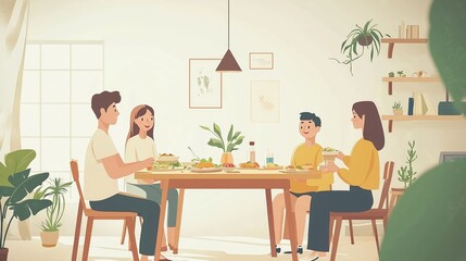 Family Dinner Around a Table with Flat Design Elements
