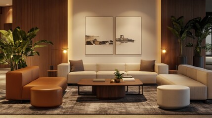 Interior of modern living room with brown sofa, coffee table and painting on wall.