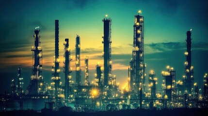 Fototapeta premium Oil refinery at twilight,illustration of oil and gas industry.