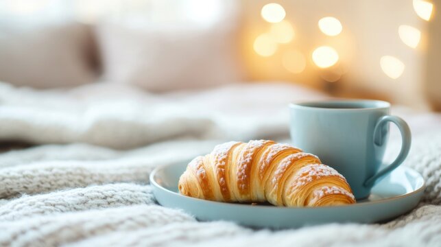 A warm croissant and a cup of coffee are placed on a plate, inviting a relaxing breakfast in bed on a quiet morning