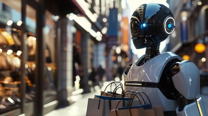 Fototapeta premium Robot with shopping bags in the city. Cyber Monday 8k render