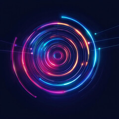 Vibrant circular neon light patterns create mesmerizing visual effect, showcasing dynamic movement and energy. This abstract design features bright colors and smooth lines