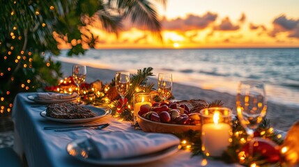A tropical feast, candles, and festive decor decorate a beachside Christmas dinner table