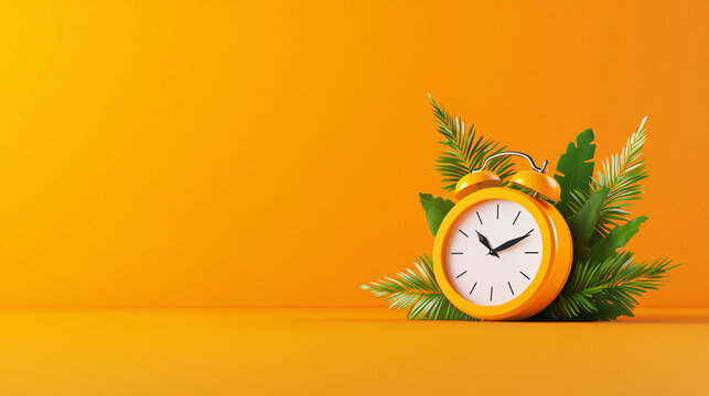 Bright orange background with yellow alarm clock surrounded by green leaves, symbolizing time and nature vibrancy
