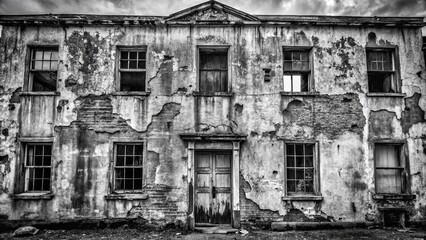 A decaying facade of a building reveals the stories etched into its weathered walls and shattered windows, whispering tales of forgotten grandeur.