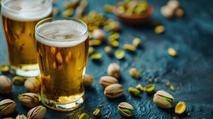 Glasses with beer and pistachios on a ceramic table, AI generated image