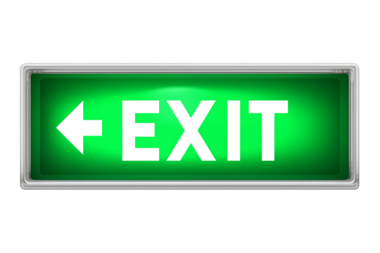 Vibrant green highway exit sign with clear white lettering indicating direction for guiding safely graphic design uses, isolated on transparent background, PNG cutout.