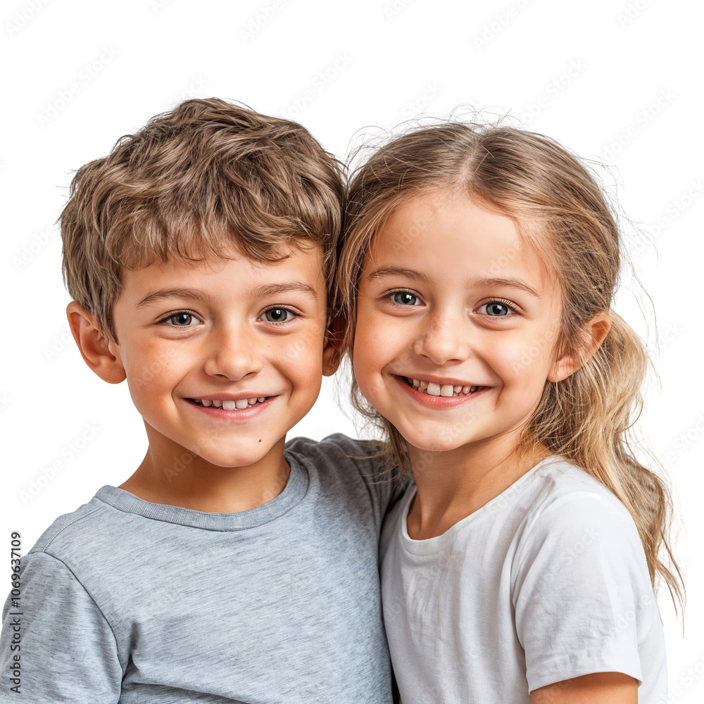 Poster Portrait of a sister and brother smiling and hugging each other, a happy family, isolated on transparent background