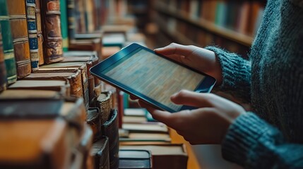 Hand placing a tablet PC among library shelves, representing the integration of digital and physical learning.