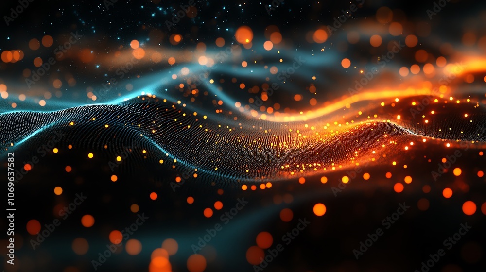 Poster Abstract background with blue and orange glowing particles and wavy lines in a dark space.