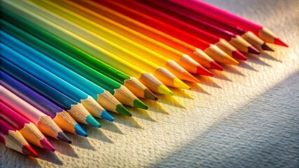 A vibrant spectrum of colored pencils aligned in a captivating gradient, their sharpened tips poised for creative expression, casting subtle shadows on a textured surface.