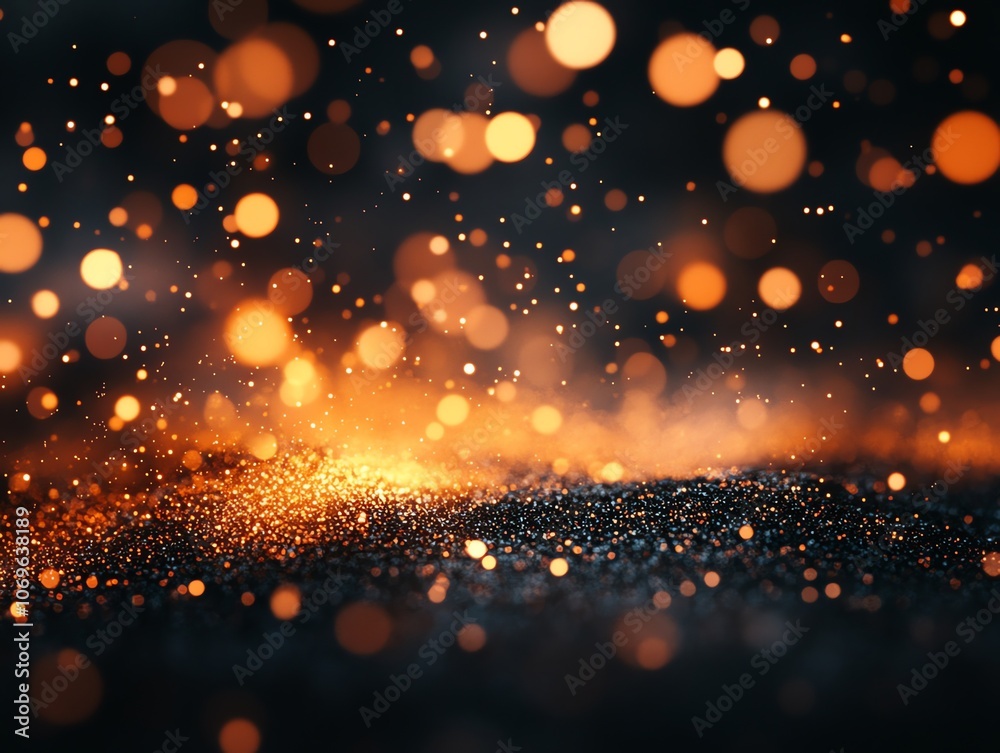 Poster Abstract background with sparkling glitter and bokeh lights in orange and gold tones.