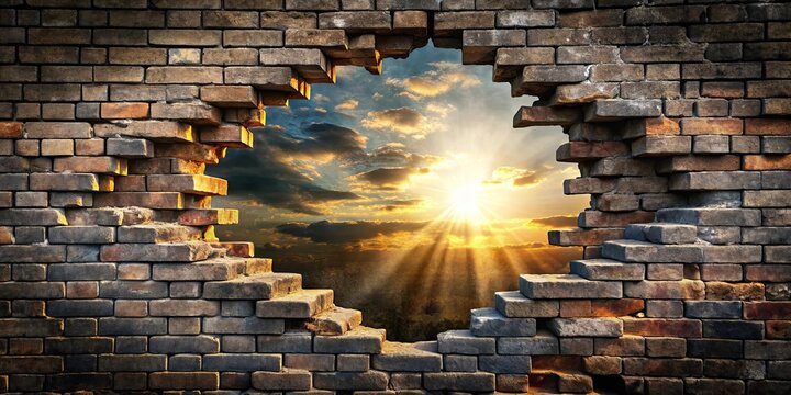 A shattered brick wall reveals a breathtaking sunset, with sunbeams illuminating the sky and casting long shadows across the horizon.