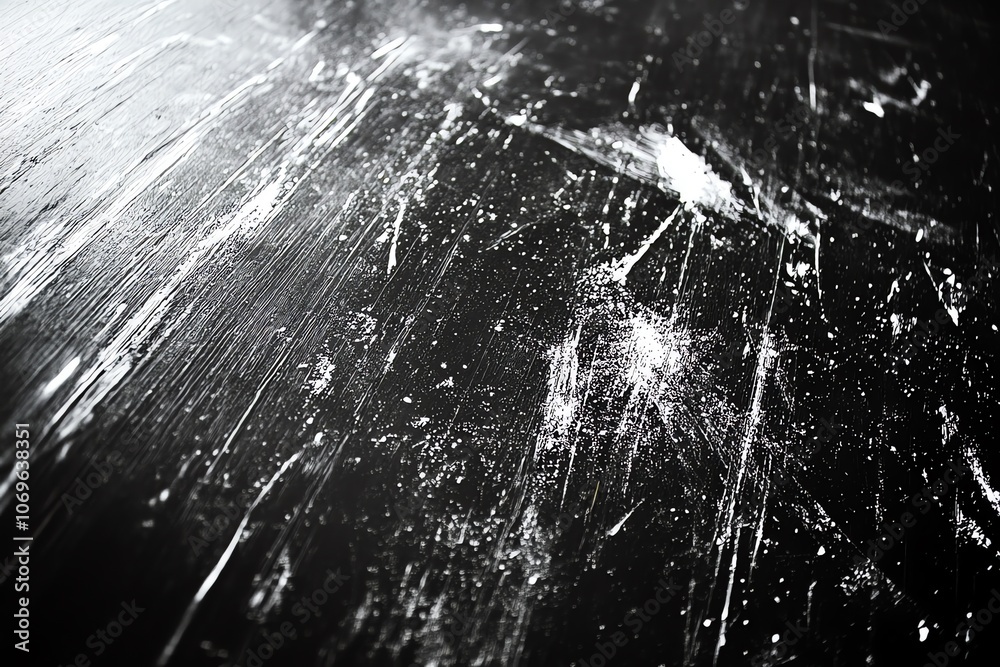 Poster abstract black and white textured background with white scratches and speckles on a dark surface.