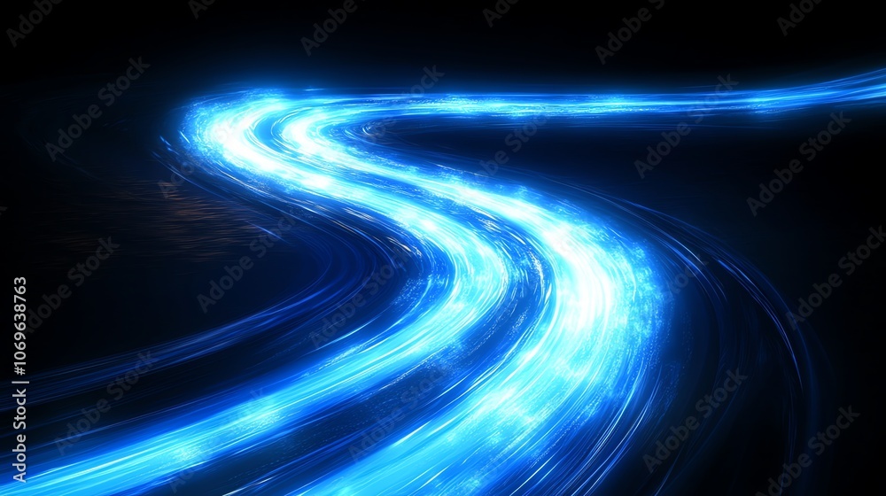 Poster abstract blue light streaks forming a winding path on a black background.