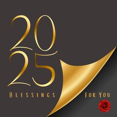 Illustration of 2025 New Year Blessings Greeting with Golden Folded Design and Red Rose on Black Background