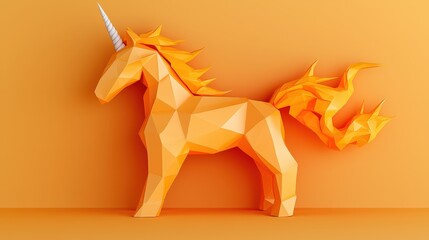 3D Low Poly Orange Unicorn with Flaming Tail on Orange Background