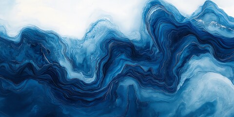 Obraz premium Abstract blue and white marbled background with wavy lines.
