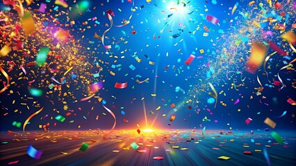 A vibrant display of confetti and streamers falling from the sky towards a radiant horizon, creating a celebratory atmosphere of joy and excitement.