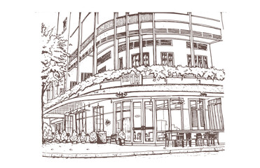 Skettch of French colonial style buildings, along the waterfront of Tonle Sap, Sisowath Quay, Phnom Penh, Cambodia.