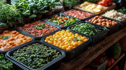 Obraz premium Colorful array of fresh vegetables, herbs, and prepared ingredients in containers, perfect for cooking or meal prep