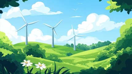 Obraz premium Wind turbines on green meadow and blue sky with white clouds vector illustration.